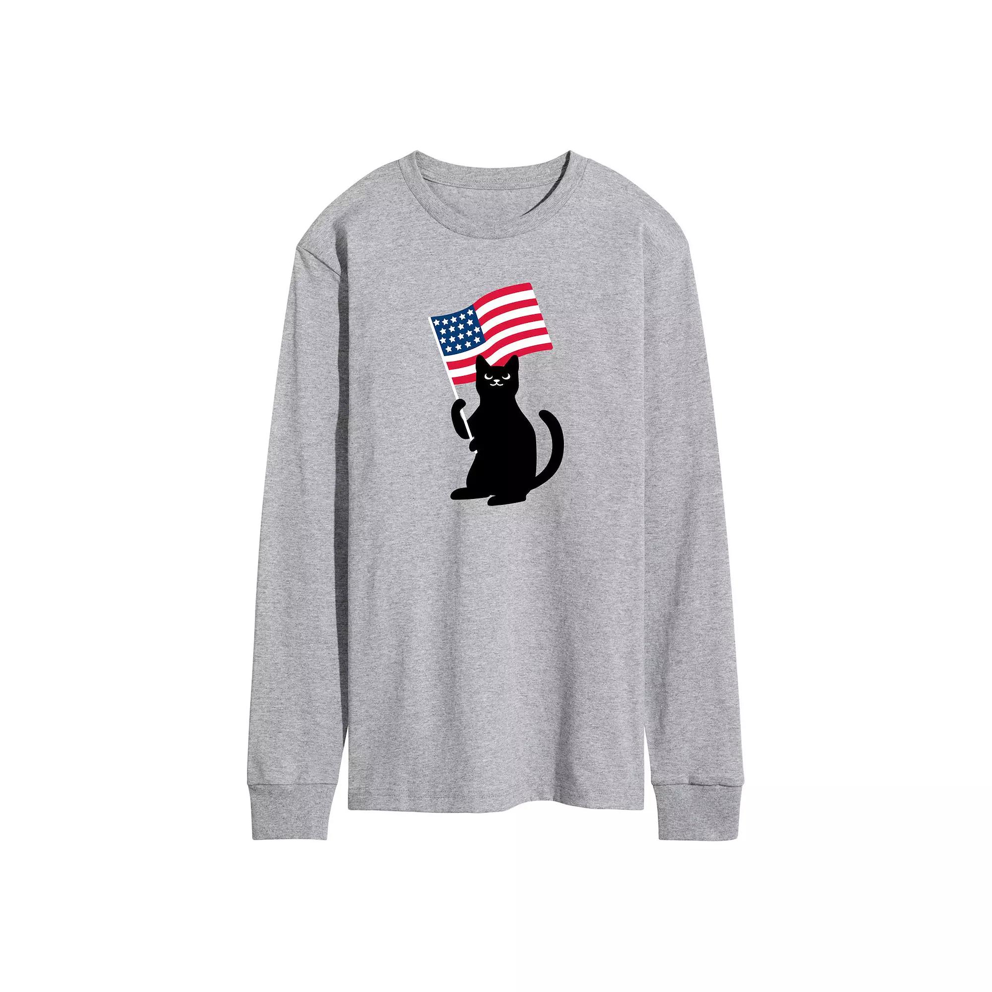 Men's Black Cat With Flag Long Sleeve Graphic Tee.,  Product Image