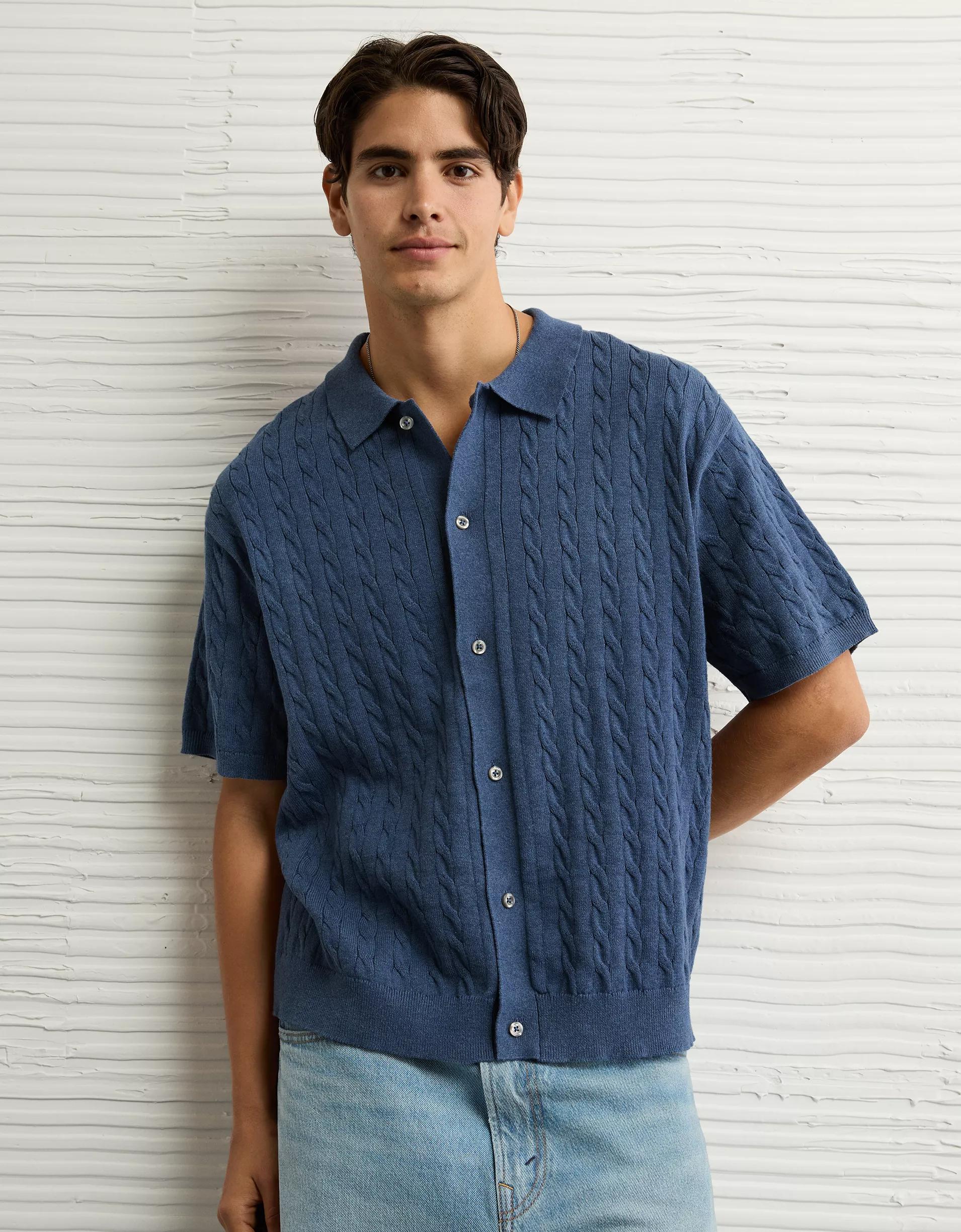 AE Weekend Cable Knit Button-Up Sweater Polo Shirt Product Image