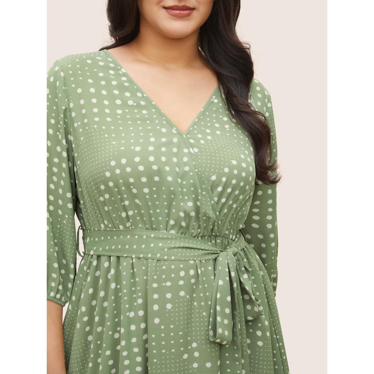 Plus Size Polka Dot Overlap Collar Belted Lantern Sleeve Dress Mint Women Elegant Non Overlap Collar Elbow-length sleeve Curvy Midi Dress BloomChic 18-20/2X Product Image