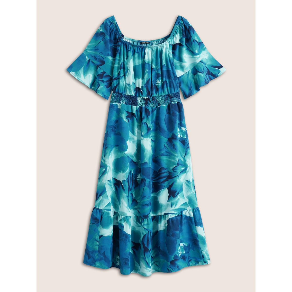 Plus Size Square Neck Floral Shirred Ruffle Sleeve Dress Blue Women Elegant Non Square Neck Short sleeve Curvy Midi Dress BloomChic 12/L Product Image