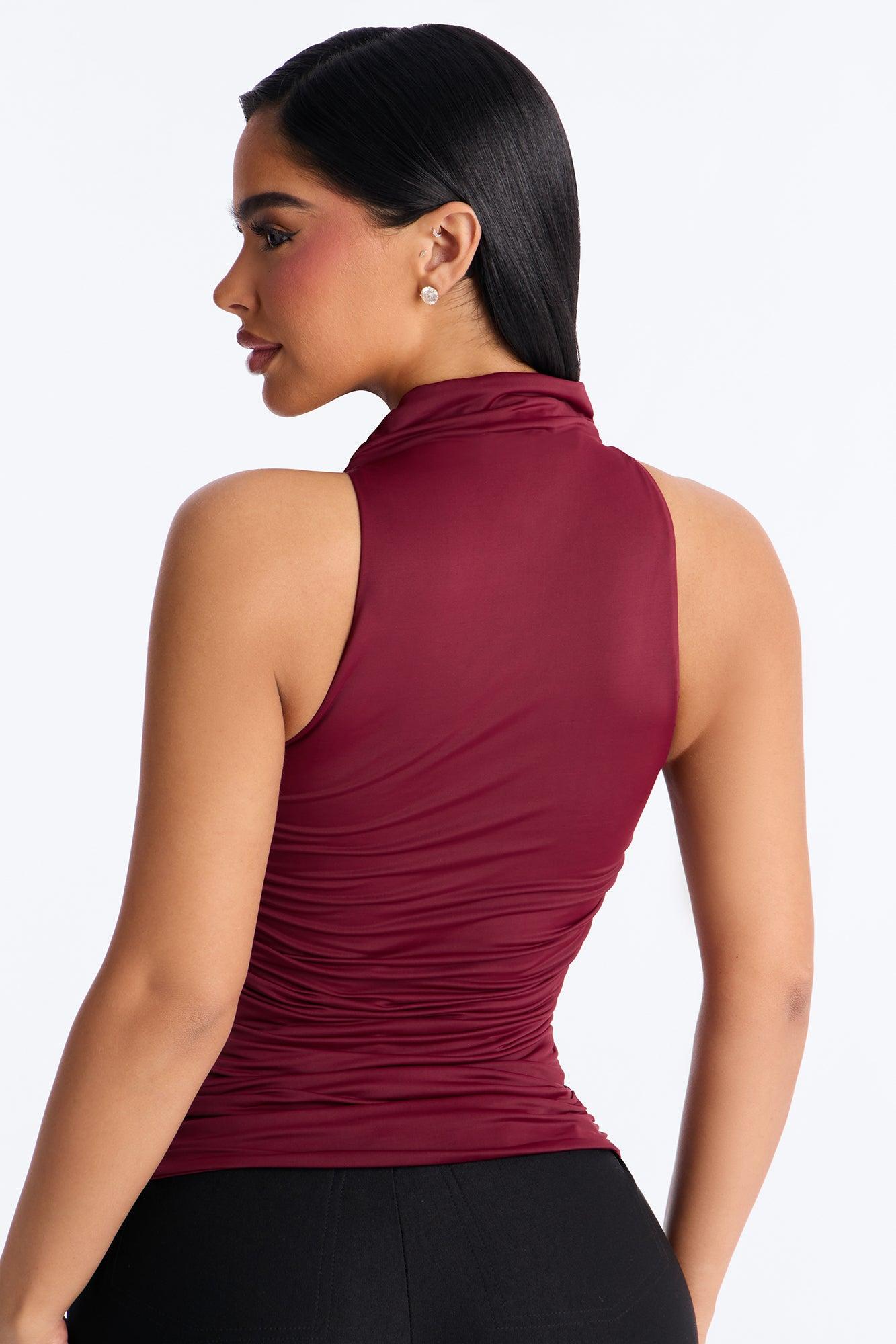 Subtle Intentions Ruched Mock Neck Sleeveless Top - DarkRed Female Product Image