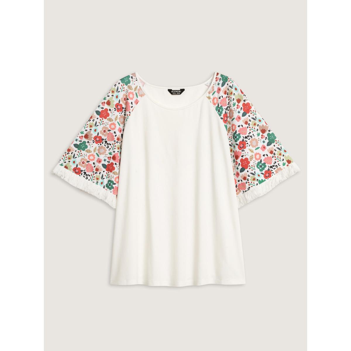 Plus Size Floral Raglan Sleeve Tassels T-Shirt Originalwhite Women Round Neck Everyday-Casual T-shirts BloomChic 14-16/1X Product Image