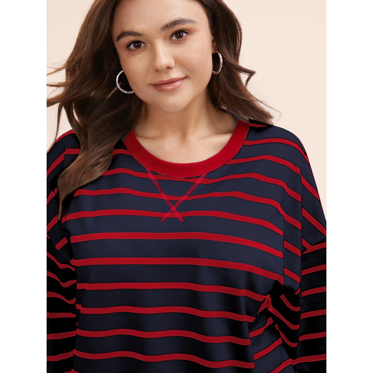 Plus Size Striped Contrast Trim Stitch Sweatshirt Women Indigo Casual Topstitching Round Neck Everyday Sweatshirts BloomChic 22-24/3X Product Image