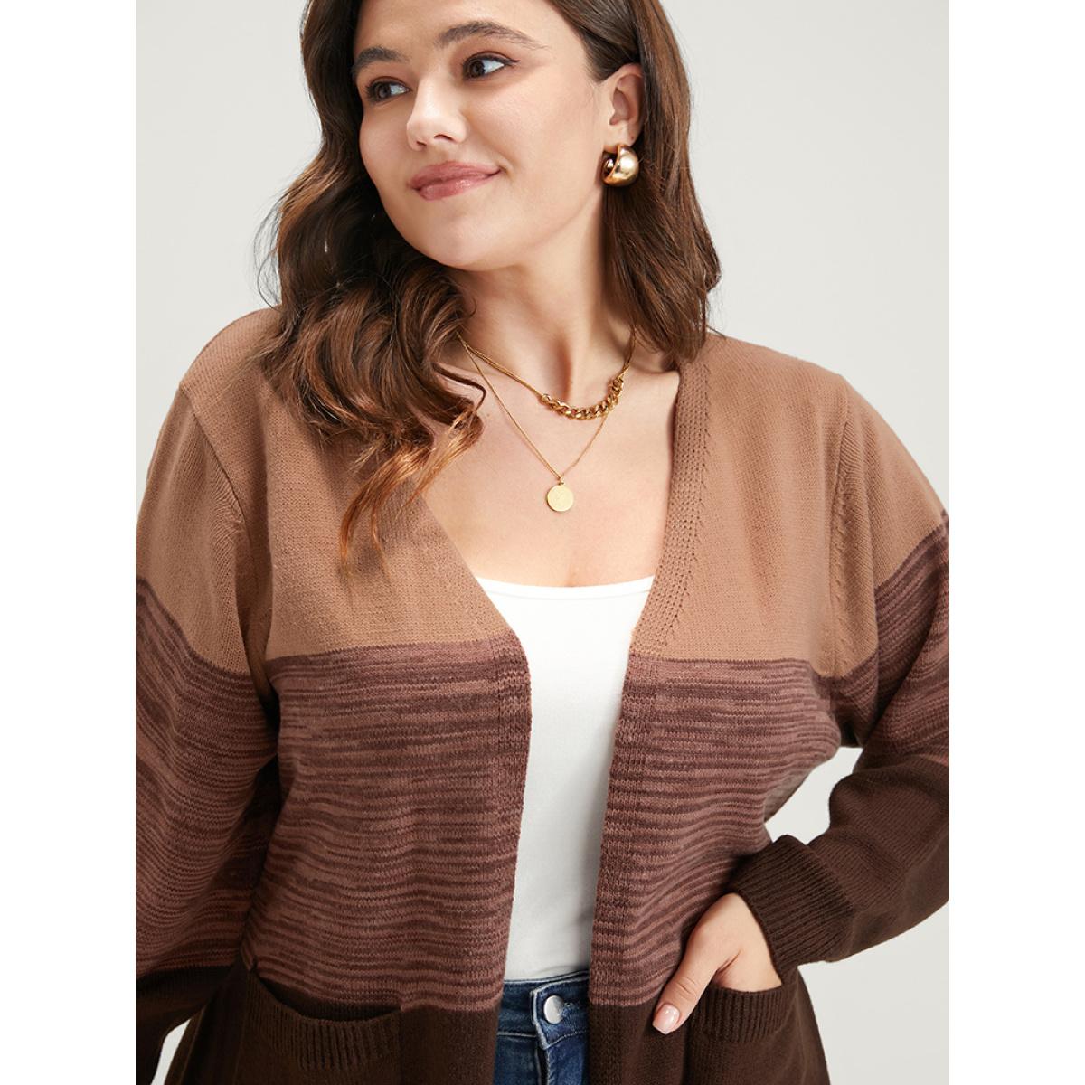 Plus Size Colorblock Contrast Pointelle Knit Pocket Belted Open Front Cardigan Multicolor Women Casual Loose Long Sleeve Dailywear Cardigans BloomChic 12/L Product Image