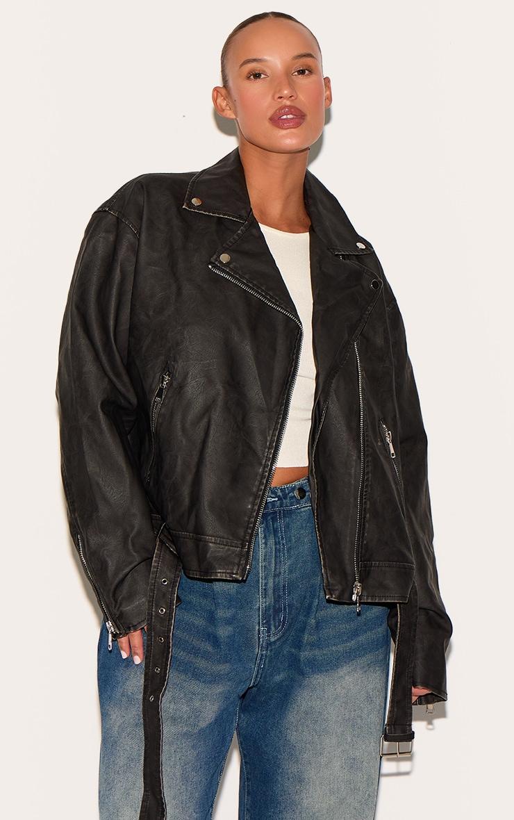 Plus Black Vintage Faux Leather Oversized Zip Up Biker Jacket Product Image