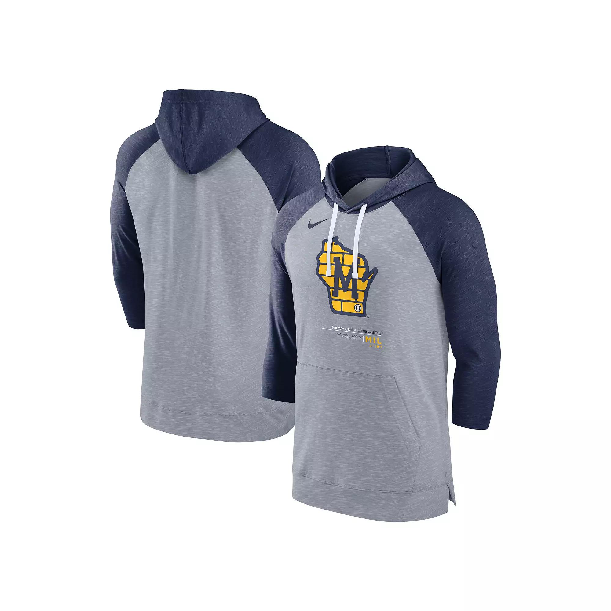 Men's Nike Heather Gray/Heather Navy Milwaukee Brewers Baseball Raglan 3/4-Sleeve Pullover Hoodie, Size: Small, Grey Product Image