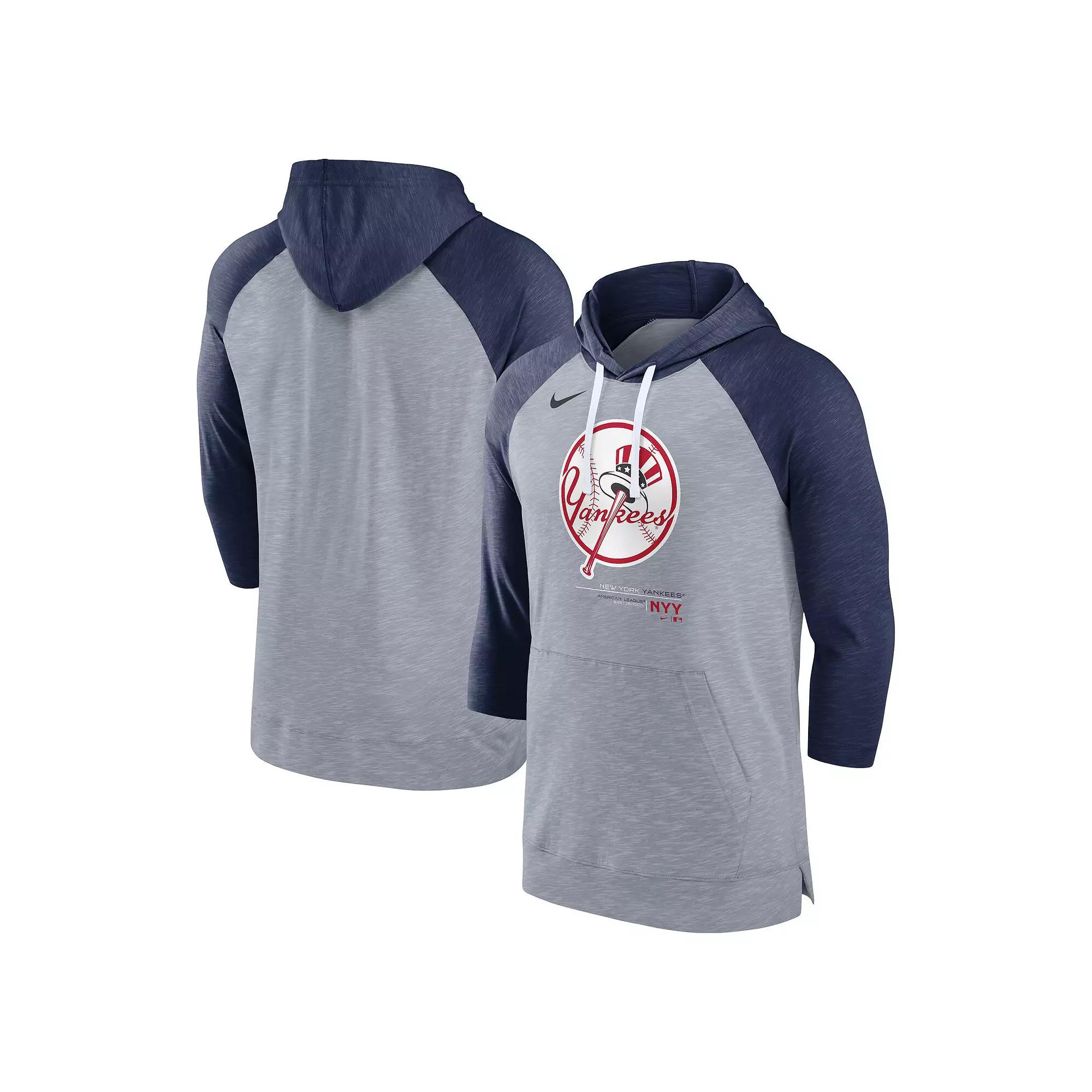 Men's Nike Heather Gray/Heather Navy New York Yankees Baseball Raglan 3/4-Sleeve Pullover Hoodie, Size: Small, Grey Product Image