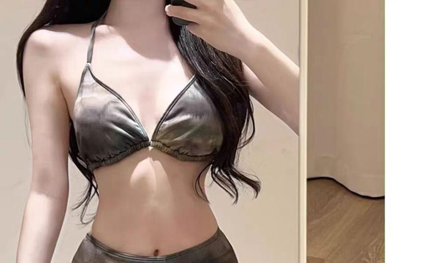 Set: Halter Print Bikini Top + Bottom + Long-Sleeve Drawstring Cover Up Top + Skirt Product Image