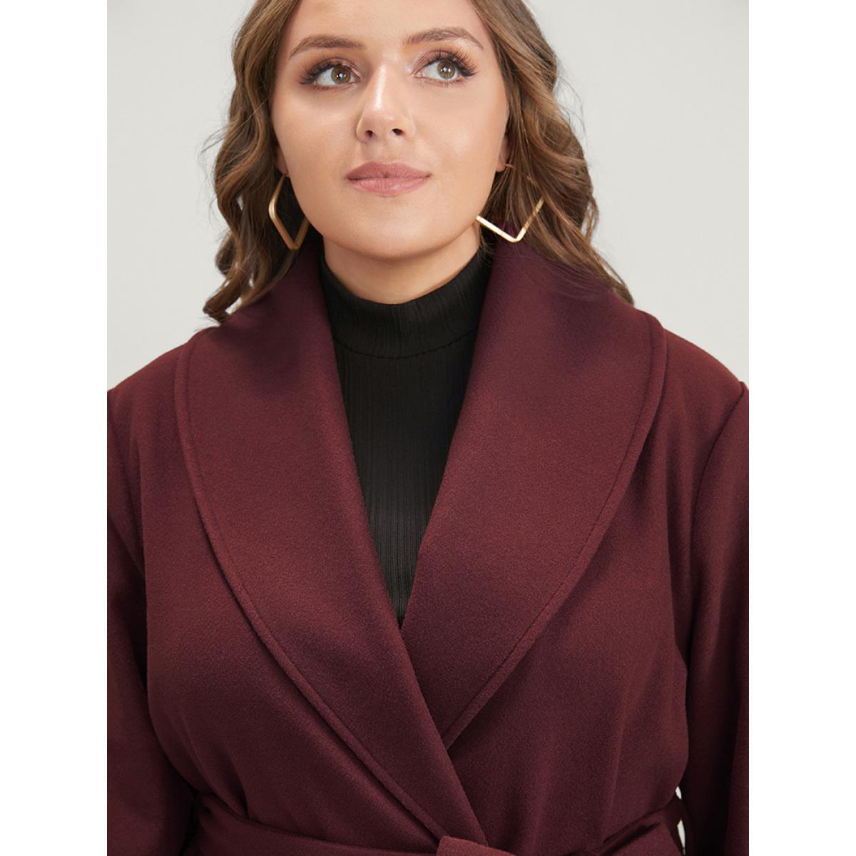 Plus Size Solid Lapel Collar Belted Pocket Coat Women Burgundy Casual Cross straps Ladies Dailywear Winter Coats BloomChic 28/5X Product Image