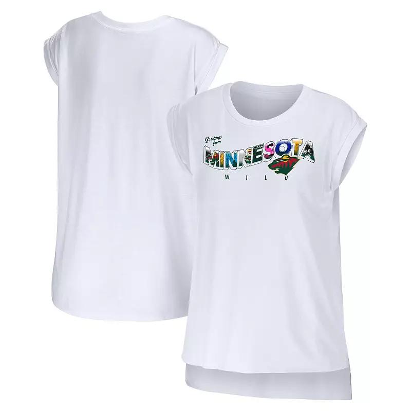 Women's WEAR by Erin Andrews White Minnesota Wild Greetings From Muscle T-Shirt, Size: Medium Product Image