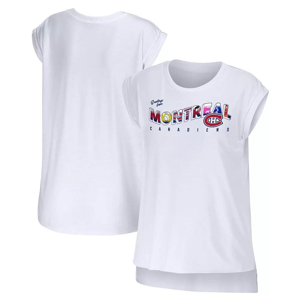 Women's WEAR by Erin Andrews White Montreal Canadiens Greetings From Muscle T-Shirt,  Product Image