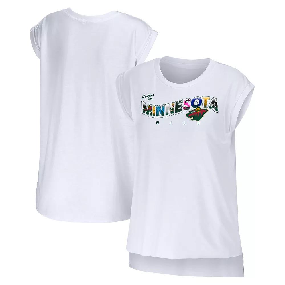 Women's WEAR by Erin Andrews White Minnesota Wild Greetings From Muscle T-Shirt, Size: Medium Product Image