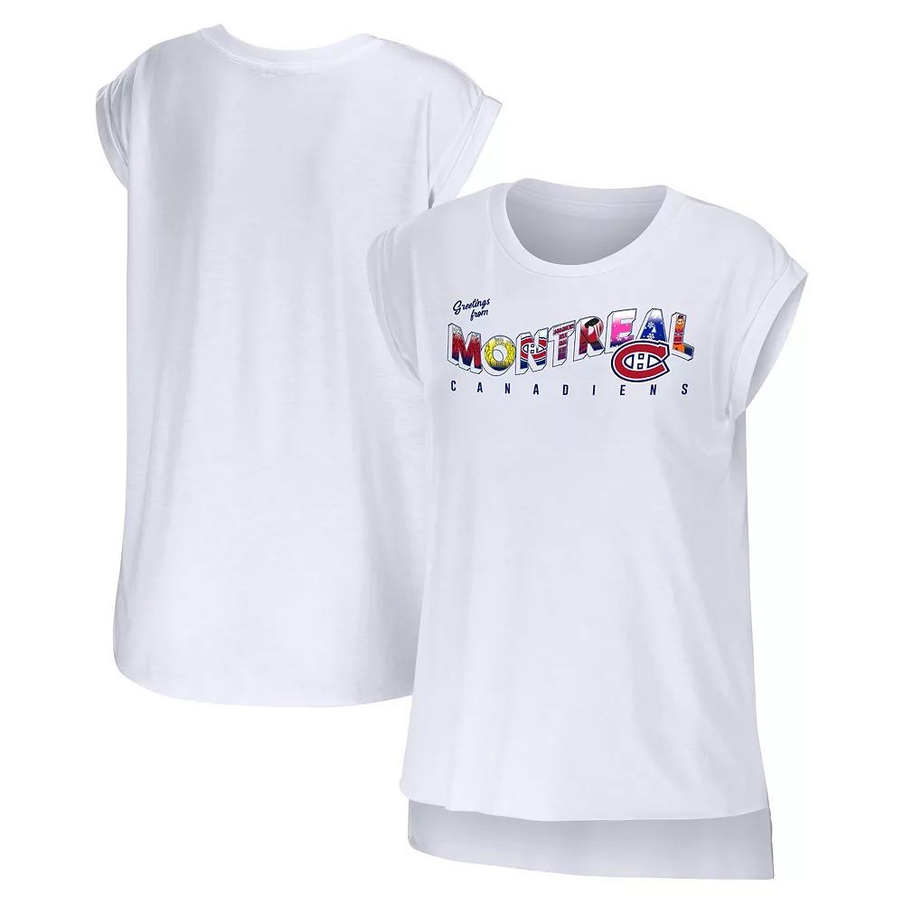 Women's WEAR by Erin Andrews White Montreal Canadiens Greetings From Muscle T-Shirt,  Product Image