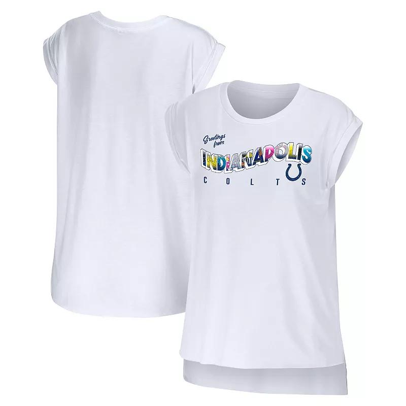 Women's WEAR by Erin Andrews White Indianapolis Colts Greetings From Muscle T-Shirt,  Product Image