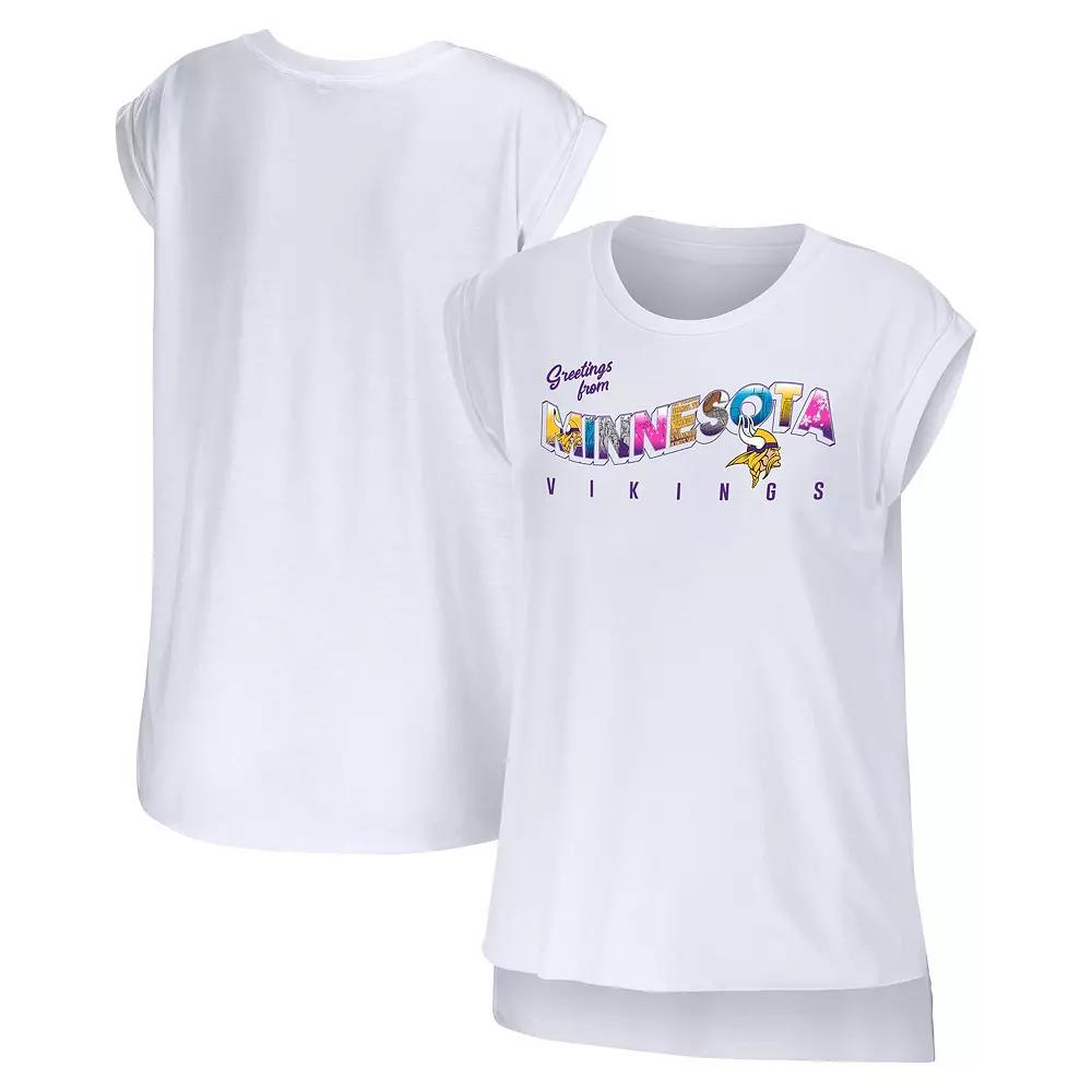 Women's WEAR by Erin Andrews White Minnesota Vikings Greetings From Muscle T-Shirt,  Product Image
