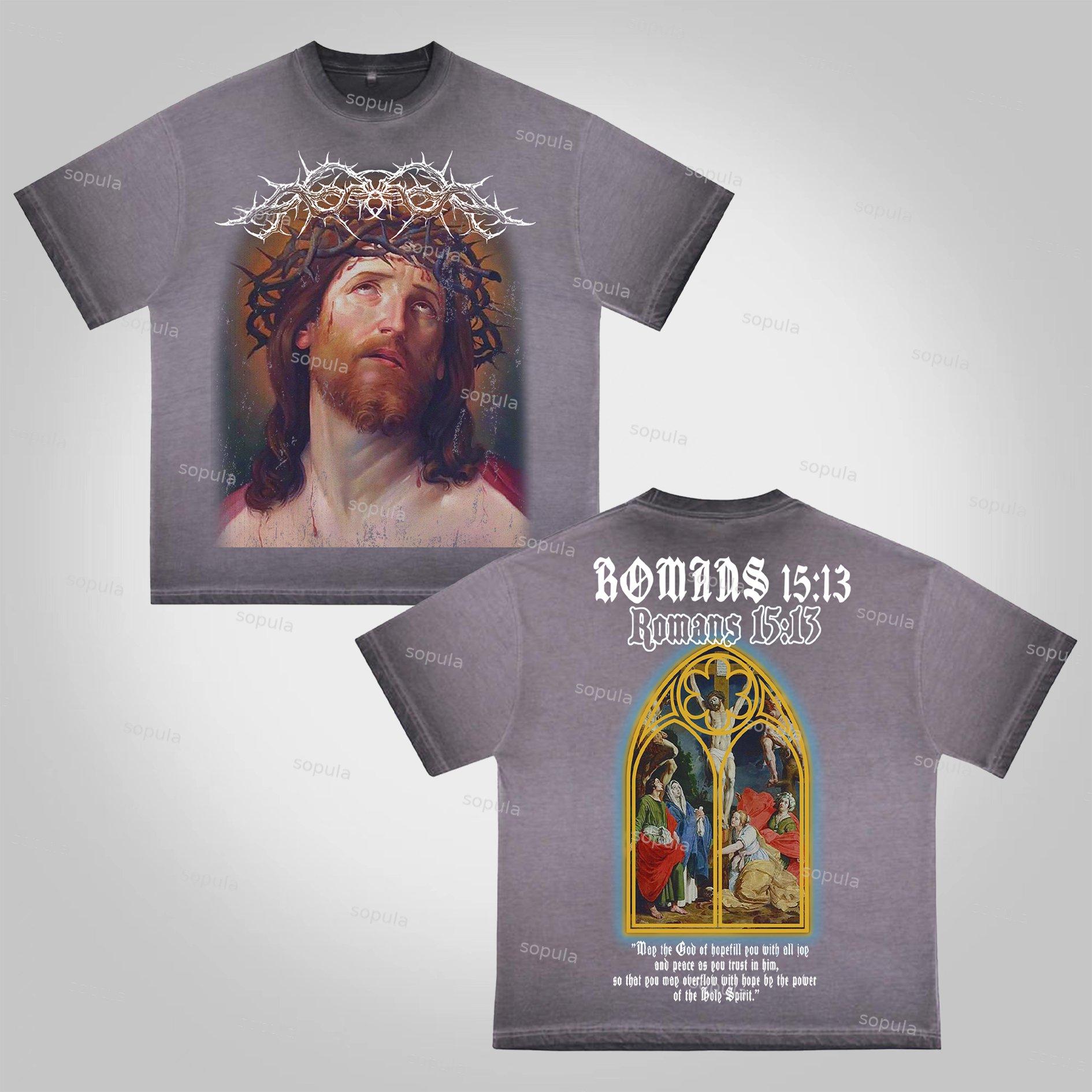 Sopula Vintage Jesus Portrait Graphic Bible Print Washed Cotton T-Shirt Product Image