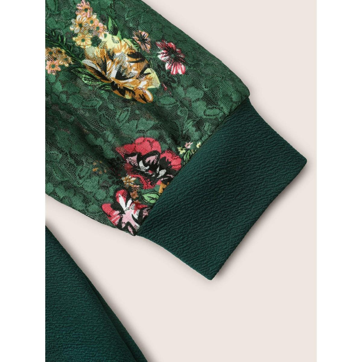 Plus Size Crochet Lace Floral Print Round Neck Sweatshirt Women DarkGreen Elegant Non Round Neck Everyday Sweatshirts BloomChic 30/6X Product Image