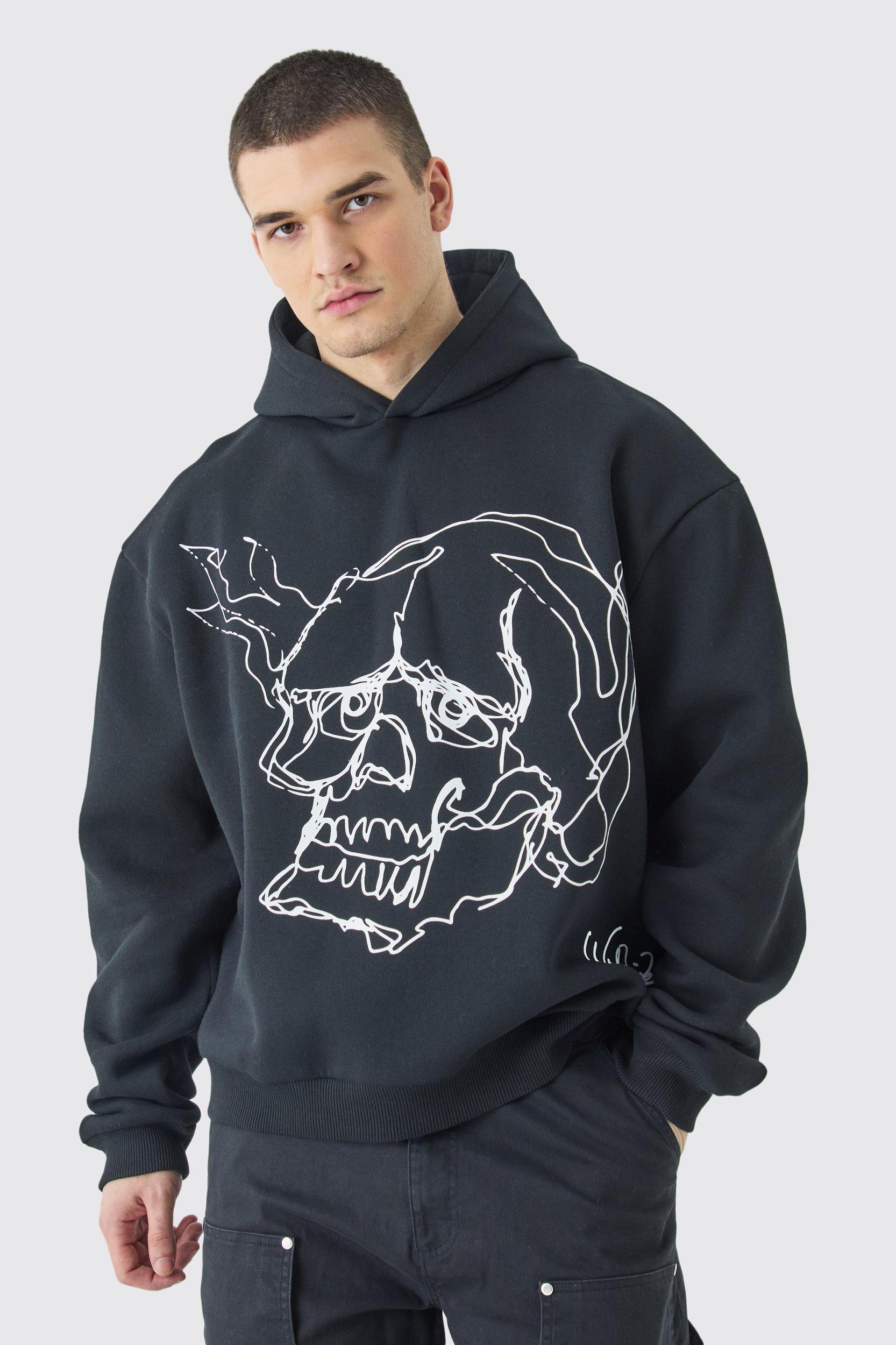Tall Oversized Boxy Skull Line Drawing Hoodie | boohooMAN USA Product Image