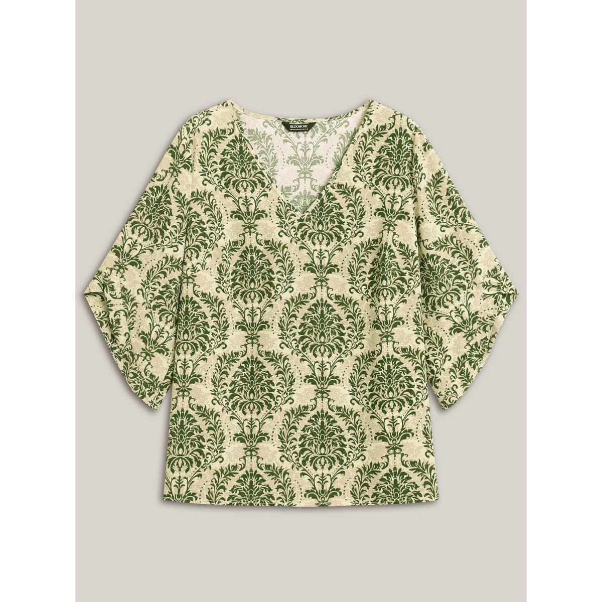 Plus Size Moss Damask Print Flared Sleeve V-Neck Shirt Women Boho Elbow-length sleeve V-neck Vacation Blouses BloomChic 12/L Product Image