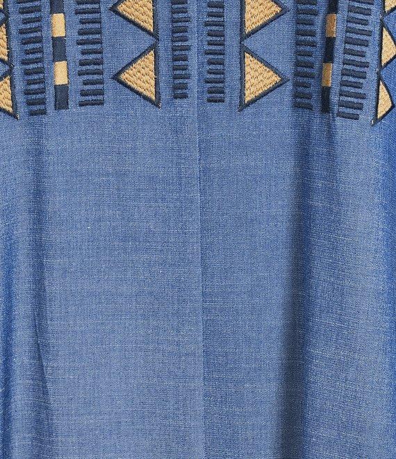 Calessa Embroidered Chambray Split V-Neck 3/4 Sleeve Shift Dress Product Image