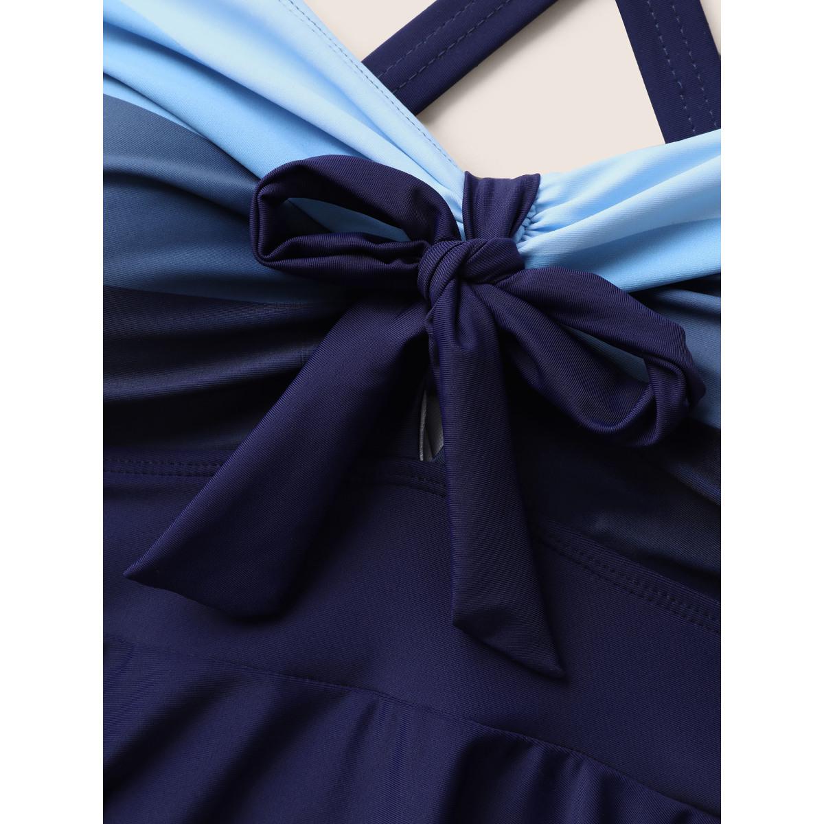 Plus Size Contrast Heart Neckline Patchwork Tie Knot Swim Dress Women's Swimwear Indigo Beach Bodycon Heart neckline High stretch Curve Swim Dresses BloomChic 18-20/2X Product Image