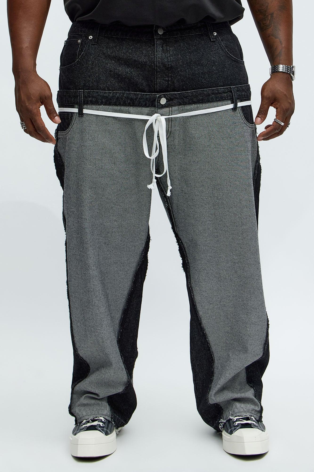 Baggy Double Waisted Panel Jeans - Black/combo Male Product Image