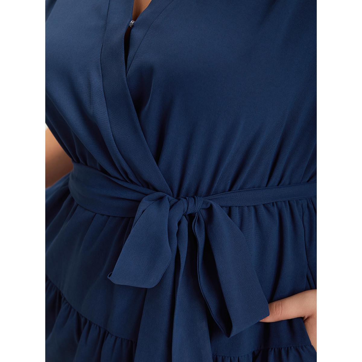 Plus Size Plain Wrap Belted Ruffles Split Hem Dress DarkBlue Women Elegant V-neck Short sleeve Curvy Midi Dress BloomChic 14-16/1X Product Image