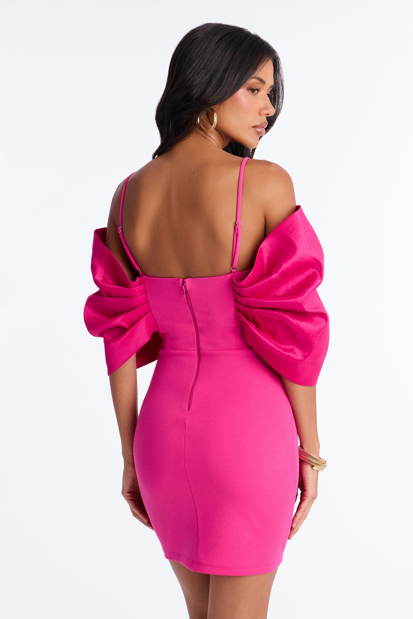 Audrina Pleated Bow Mini Dress - Fuchsia Female Product Image