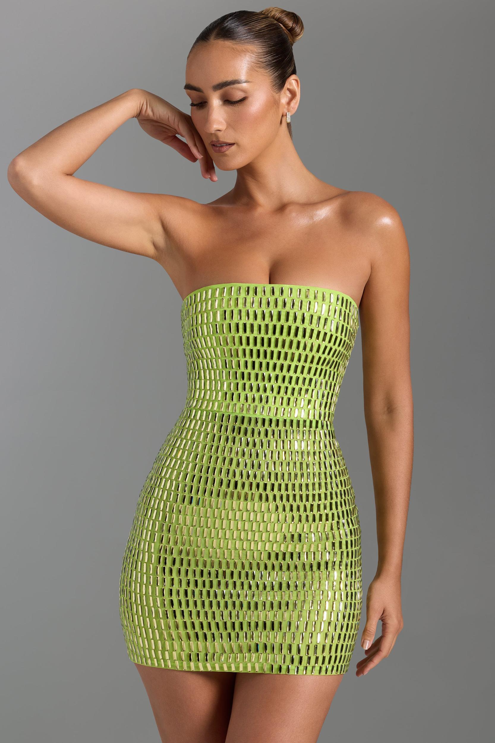 Embellished Bandeau Mini Dress in Pear Green Product Image