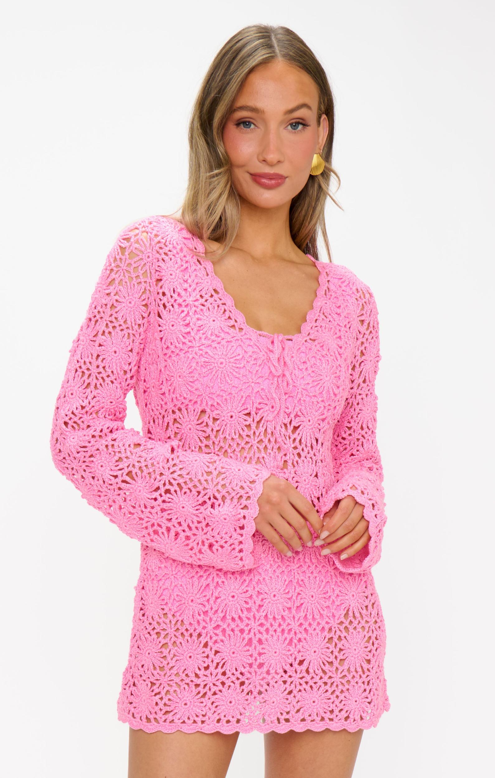Vacay Mini Coverup ~ Bubblegum Pink Crochet Product Image