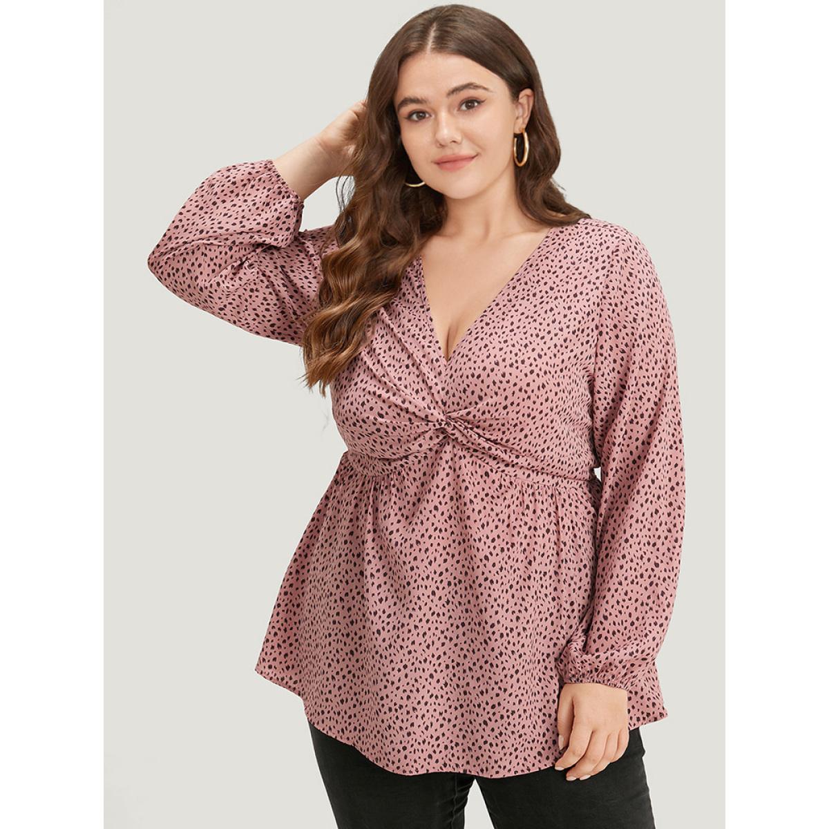 Plus Size Rouge Dot Print Twist Front Gathered V Neck Blouse Women Elegant Long Sleeve V-neck Everyday Blouses BloomChic 12/L Product Image