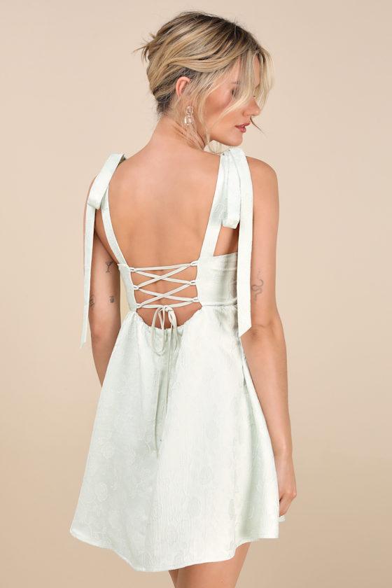 Precious Allure Light Sage Green Jacquard Tie-Strap Mini Dress Product Image