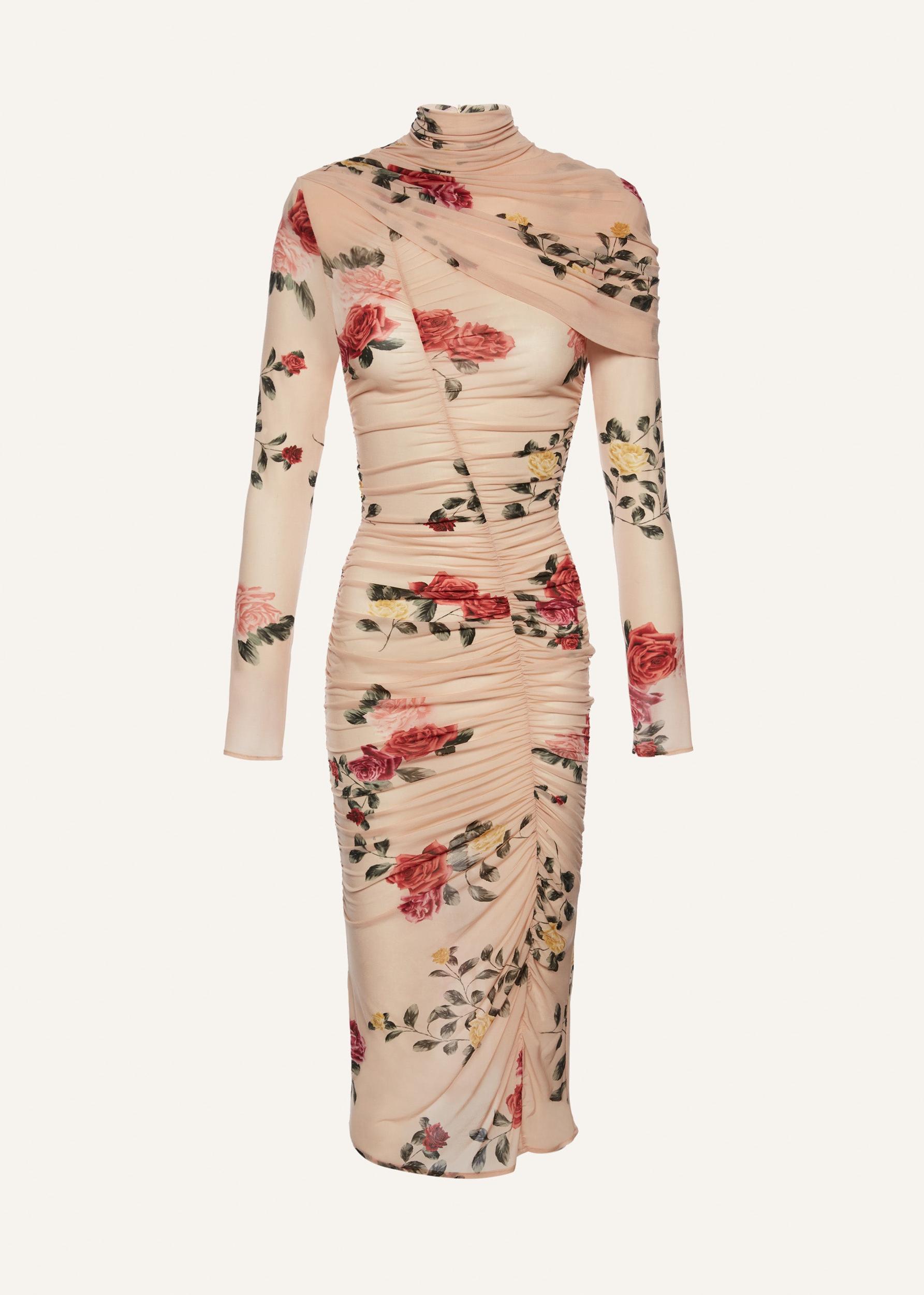 Draped high neck midi dress in beige print Product Image