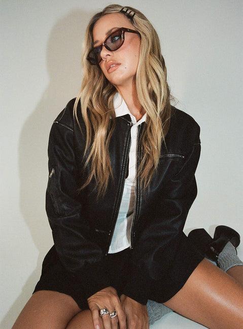 Sweet Disaster Faux Leather Cropped Bomber Jacket Black Product Image