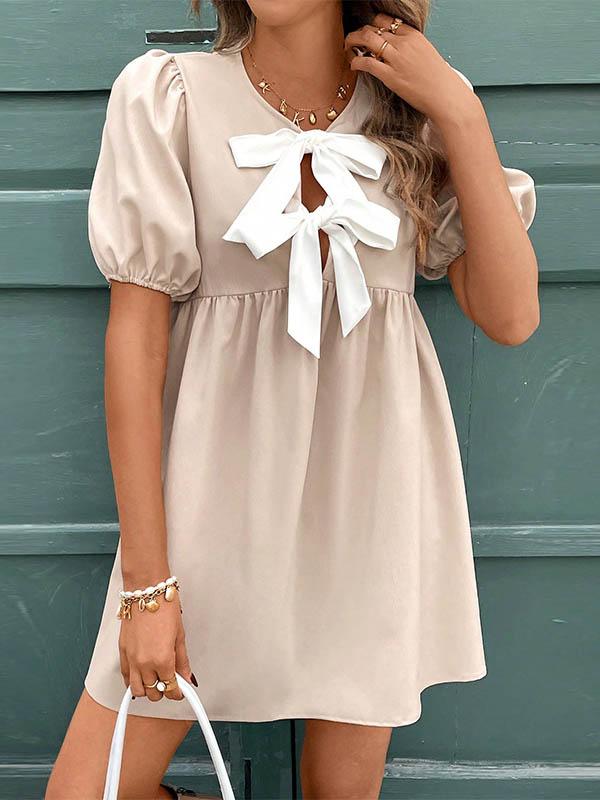 A-Line Loose Bowknot Elasticity Pleated Round-Neck Mini Dresses Product Image