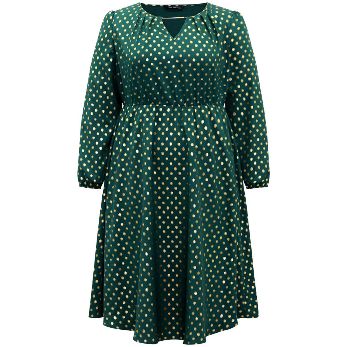 Plus Size Glitter Polka Dot Notched Elastic Cuffs Dress DarkGreen Women Elegant Elastic cuffs Notched collar Long Sleeve Curvy Midi Dress BloomChic 18-20/2X Product Image