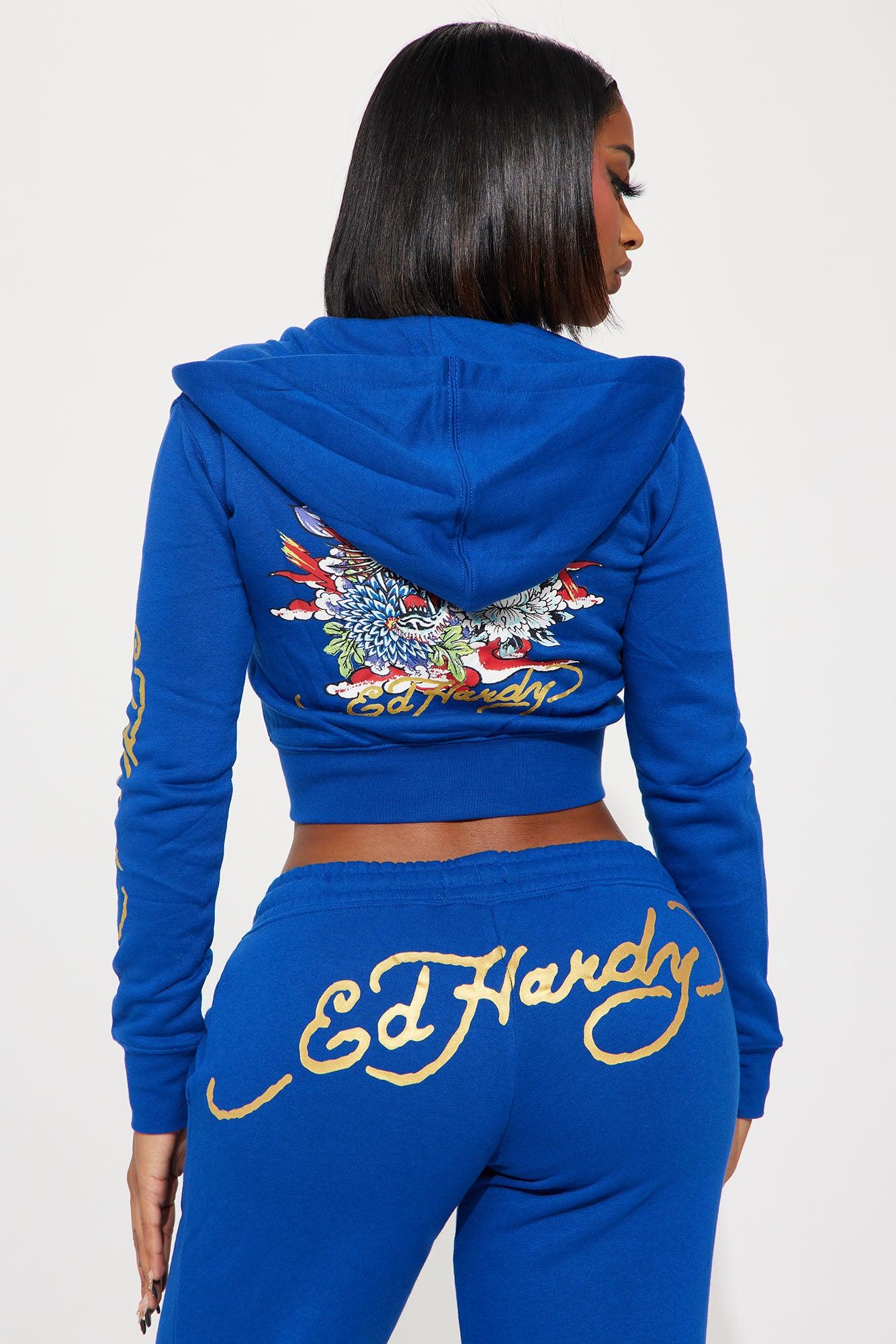 Tiger Lotus Ed Hardy Zip Front Hoodie - CobaltBlue Product Image