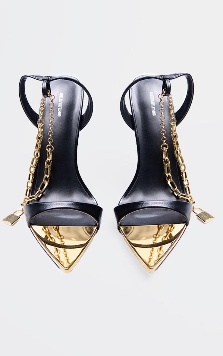 Black Pu Point Toe Chain Lock Strap Heeled Sandals Product Image