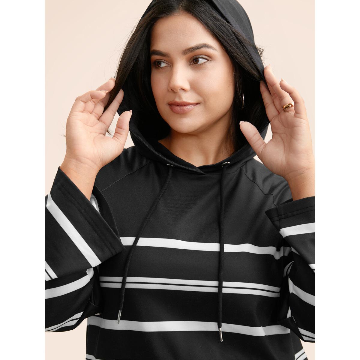 Plus Size Striped Hooded Drawstring Raglan Sleeve Sweatshirt Women Black Casual Eyelet Loose Hooded Everyday Sweatshirts BloomChic 12/L Product Image