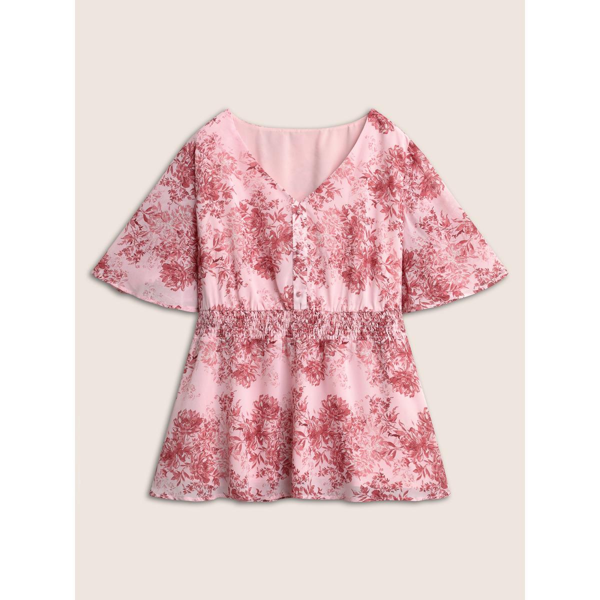 Plus Size DustyPink Chiffon Floral Shirred Elastic Waist Blouse Women Elegant Half Sleeve V-neck Everyday Blouses BloomChic 18-20/2X Product Image