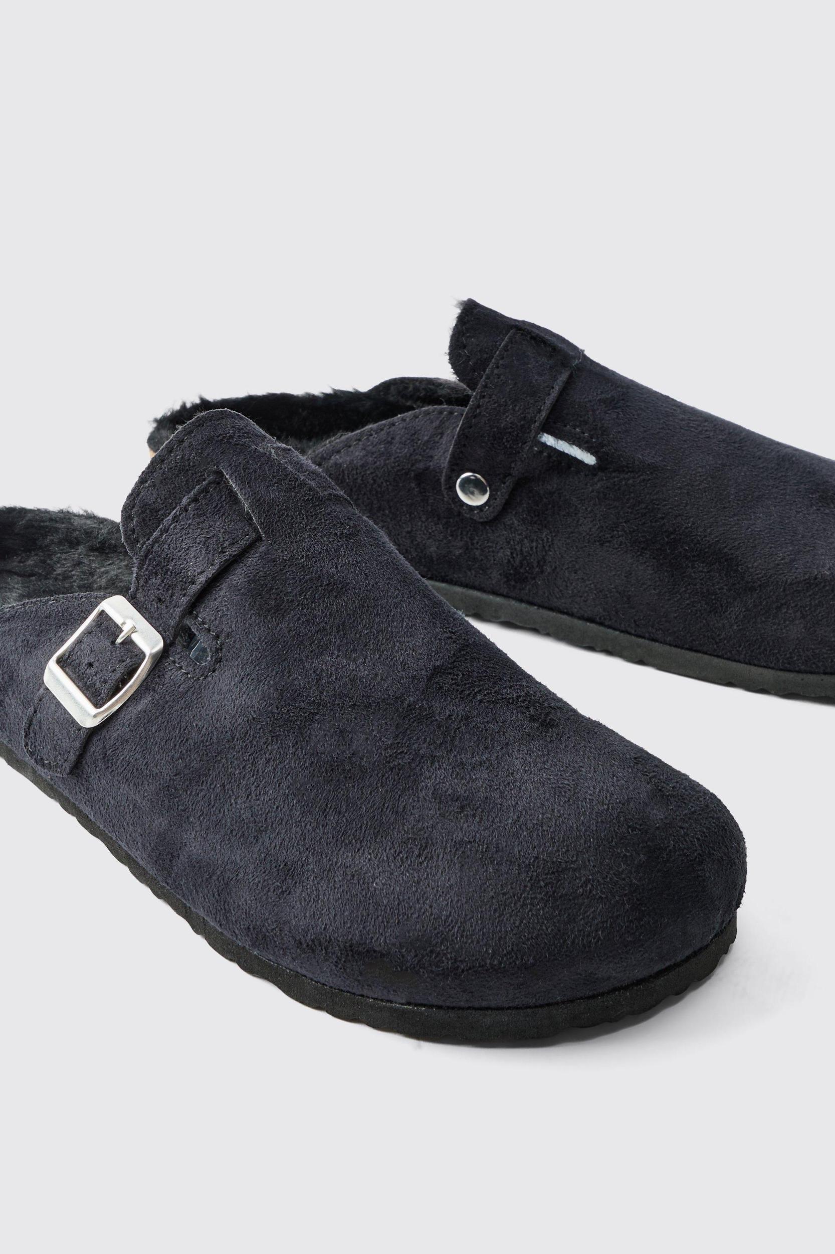Faux Suede Sherpa Lined Mule In Black | boohooMAN USA Product Image