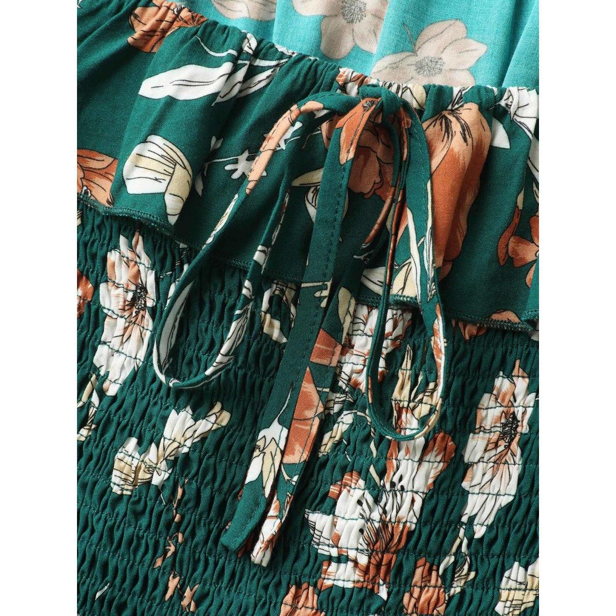 Plus Size Rayon Floral Shirred Stretchy Waist Midi Dress Cyan Women Romantic Square Neck Elbow-length sleeve Curvy BloomChic 28/5X Product Image