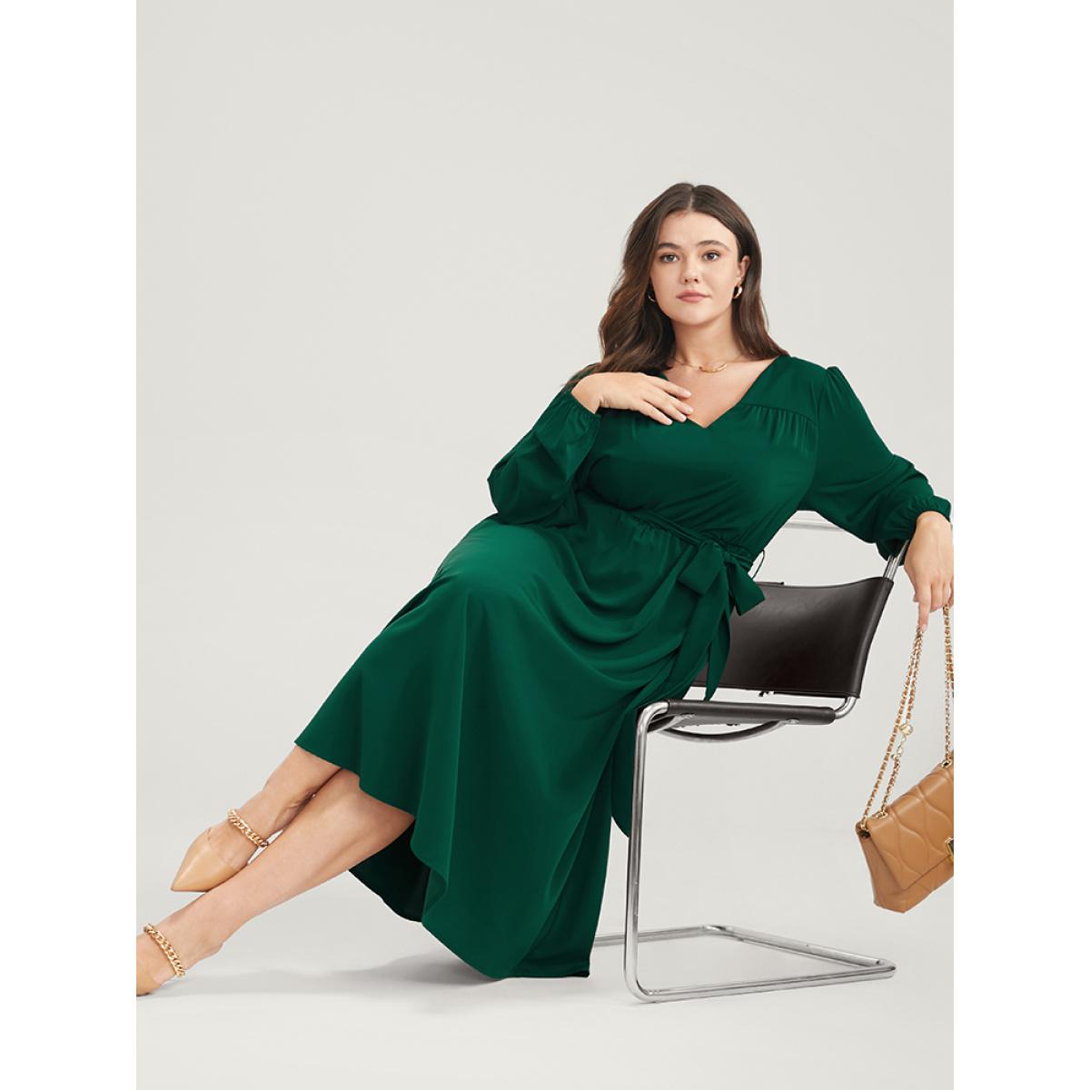 Plus Size Solid V Neck Pocket Belted Lantern Sleeve Midi Dress DarkGreen Women Elegant Belted V-neck Long Sleeve Curvy Midi Dress BloomChic 12/L Product Image