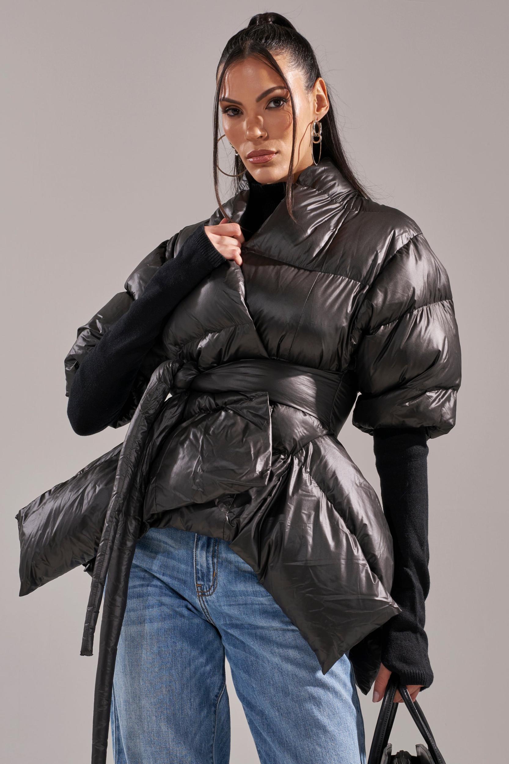 A STEP AHEAD LONG RIBBED SLEEVE PEPLUM PUFFER COAT Product Image