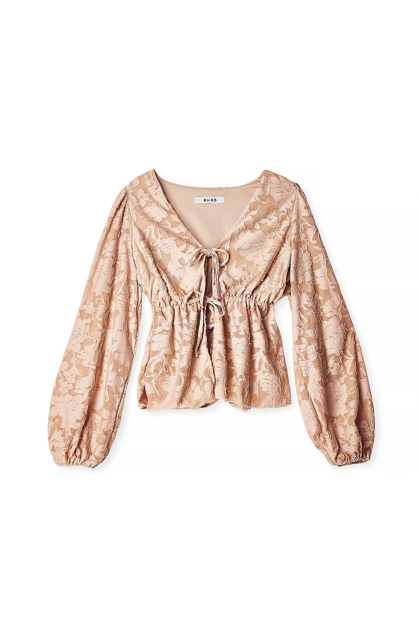 Burn Out Puff Sleeve Top Beige Product Image