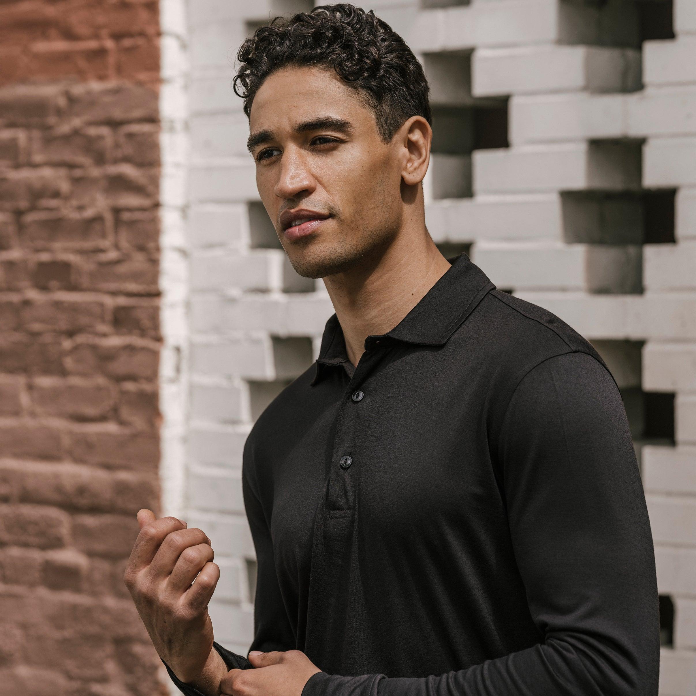 Merino Wool Long Sleeve Polo | Black Product Image