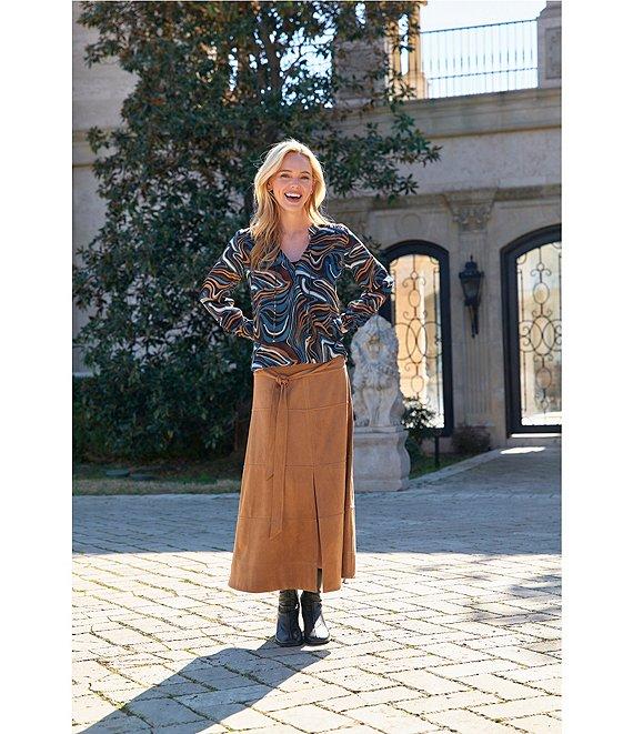 APNY Woven Printed V-Neck Long Sleeve Tassel Tie Top Product Image