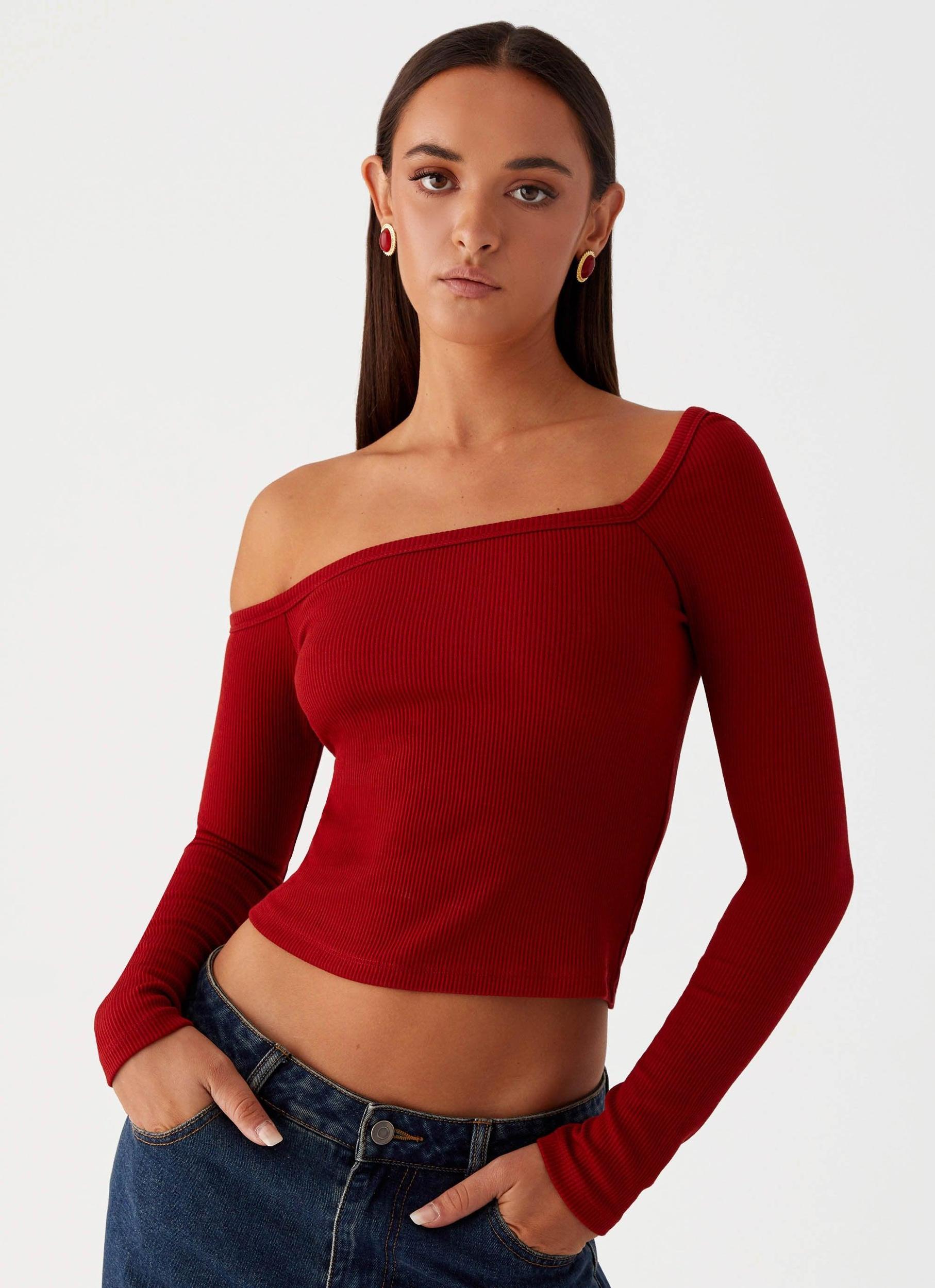 Talia Asymmetric Long Sleeve Top - Red Product Image