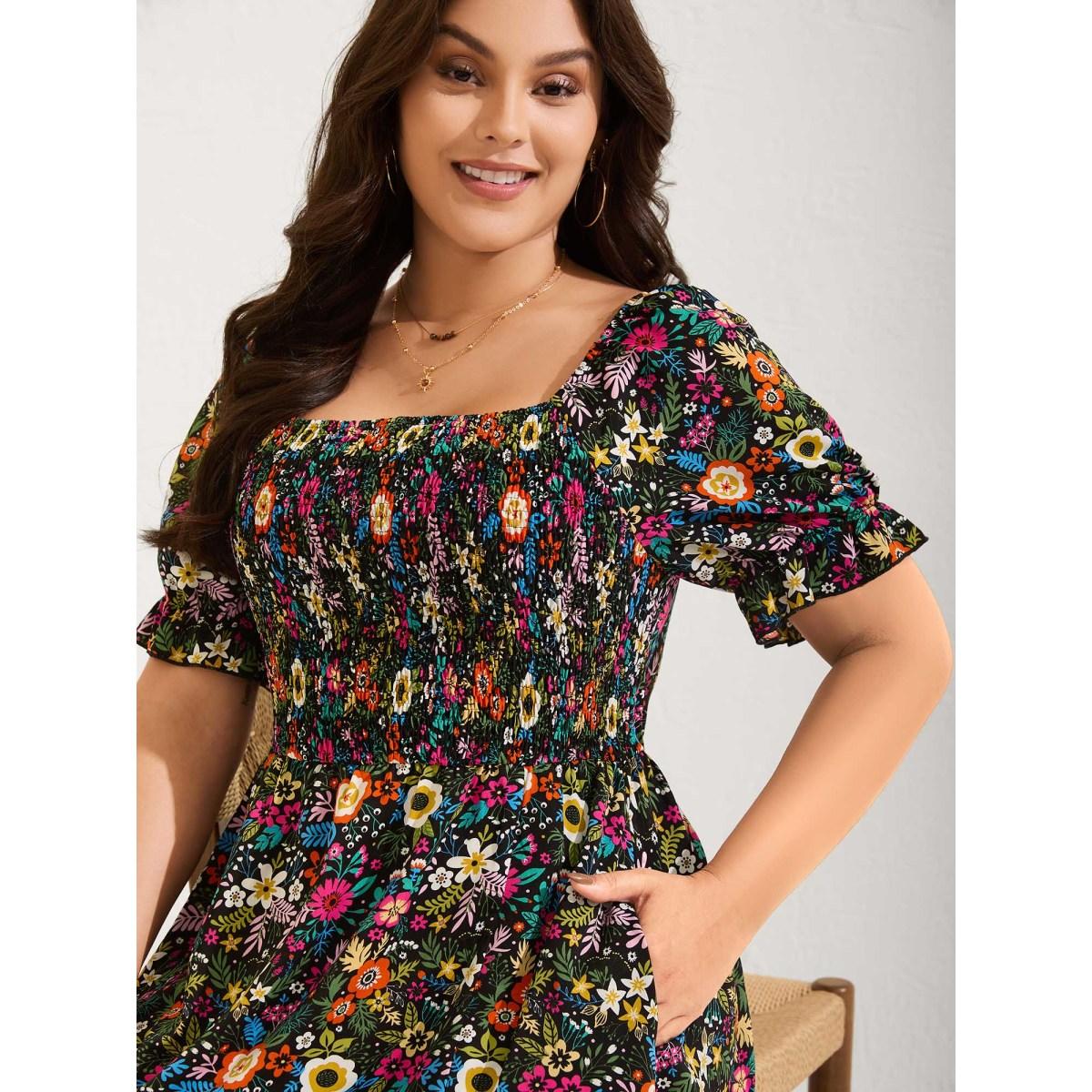 Plus Size Shirred Stretchy Waist Floral Midi Dress BlackFlower Women Timeless Square Neck Short sleeve Curvy BloomChic 28/5X Product Image