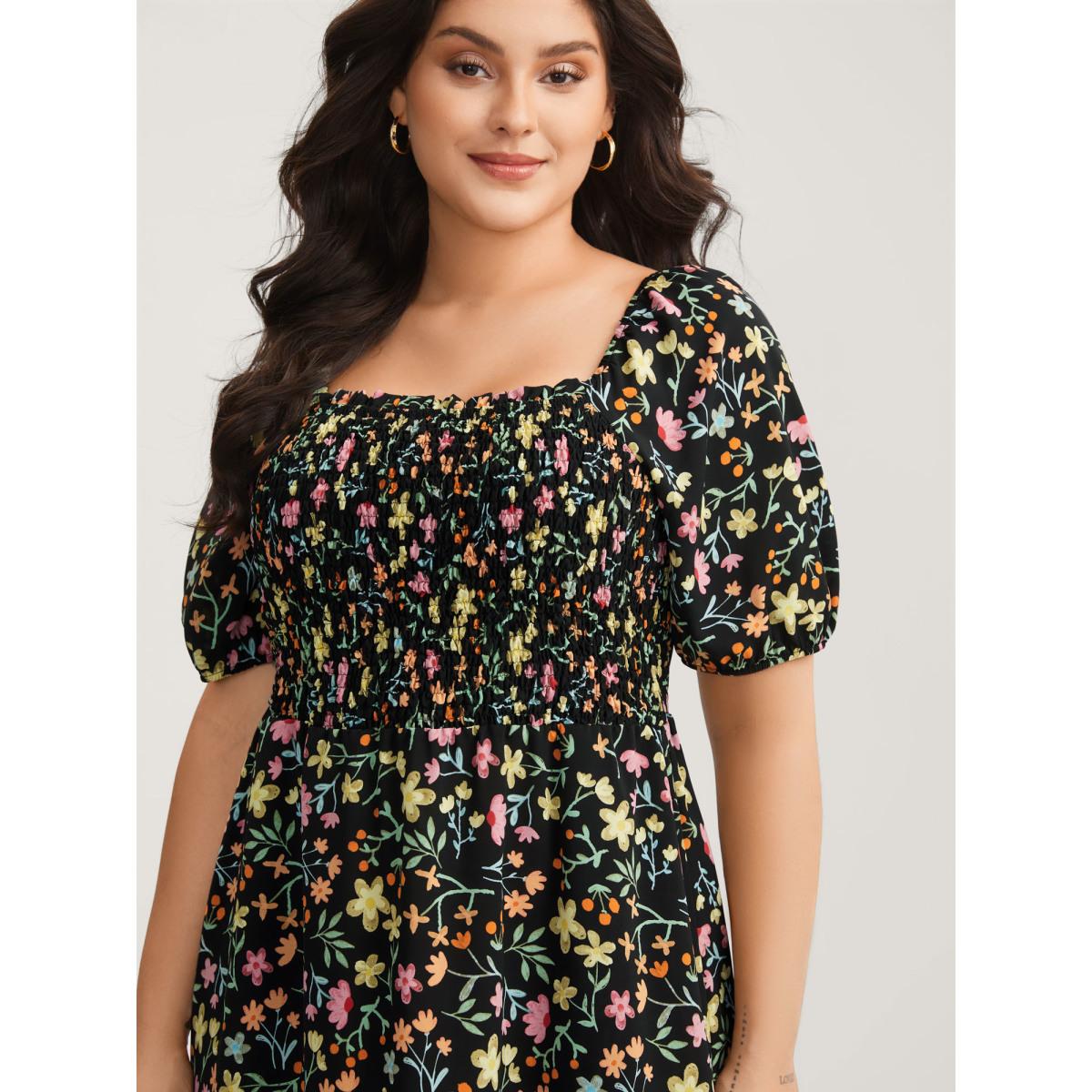 Plus Size Floral Print Shirred Pockets Midi Dress Black Women Square Neck Short sleeve Curvy BloomChic 10/M Product Image